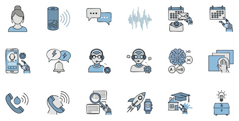 Poster - A collection of modern communication icons, featuring telephony, data processing, and technological advancement symbols for digital media and infographics.