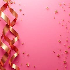 Poster - Gold ribbon swirling with scattered golden stars on a vibrant pink background festive celebratory design