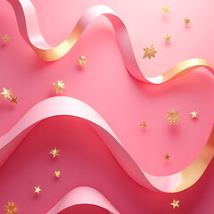 Poster - Pink and Gold Ribbon Waves with Scattered Golden Stars on a Gradient Pink Background Festive Celebration Concept