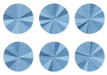 Poster - Six crumpled blue paper circles arranged in two rows, showcasing a unique folded texture and isolated on a transparent background