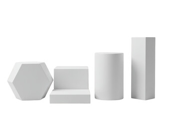 Poster - A collection of white geometric shapes including a hexagon, cube, cylinder, and rectangle, isolated on a transparent background