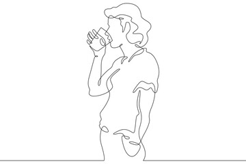 Poster - Continuous one line drawing beautiful girl drinks from a glass. Woman drinks water. One continuous line isolated minimal illustration.Not AI.