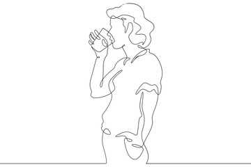 Poster - Continuous one line drawing beautiful girl drinks from a glass. Woman drinks water. One continuous line isolated minimal illustration.Not AI.