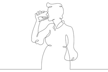 Poster - Continuous one line drawing beautiful girl drinks from a glass. Woman drinks water. One continuous line isolated minimal illustration.Not AI.