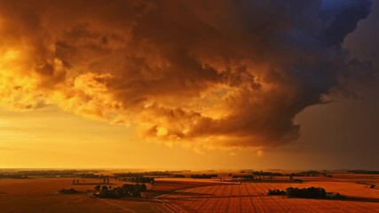 Sticker - Picturesque view of sunset over a vast rural landscape with heavy clouds in sky. Orange hue in sky.