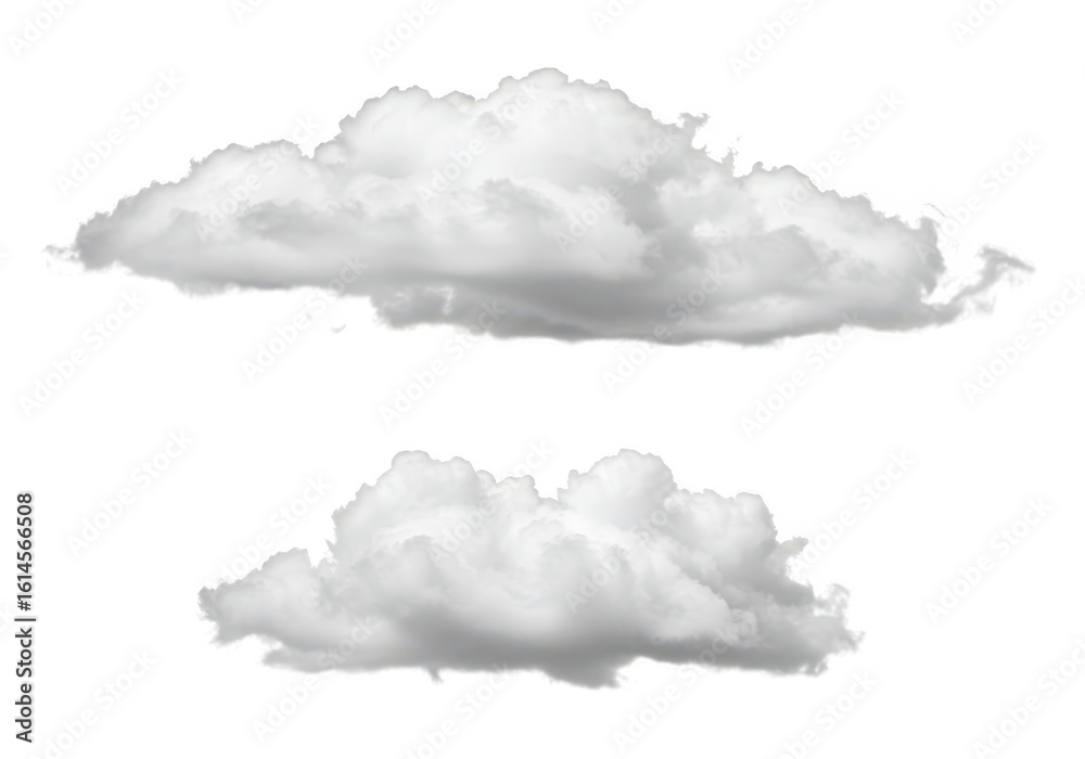 Two fluffy white cumulus clouds isolated on a plain transparent ...