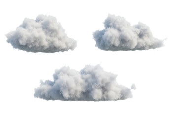 Poster - Three fluffy white cumulus clouds floating in the sky, isolated on a transparent background