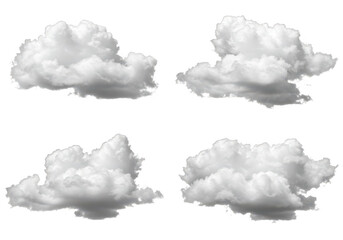Poster - Four fluffy white cumulus clouds floating in the sky, isolated on a transparent background