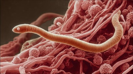 Poster - A delicate parasitic worm is seen navigating through clusters of human cells, showcasing intricate textures and colors in a highly magnified setting. The image highlights biological interactions.