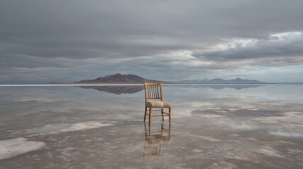 Poster - A solitary wooden chair is positioned on a glistening salt flat. The still water creates a mirror-like effect, reflecting the cloudy sky and distant mountains.