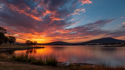Wall Mural - The sun sets over a calm lake, casting brilliant orange and purple hues across the sky. Trees line the shore, and distant mountains frame the peaceful landscape at dusk.