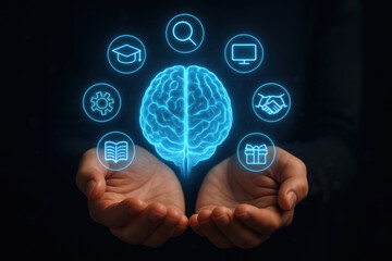 Poster - Brainstorming: A person holds glowing icons surrounding an illuminating brain, symbolizing a wealth of knowledge and innovation.