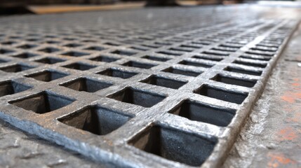 Poster - Close-up view of a metal grid pattern on the floor of a workshop, showcasing the intricate craftsmanship of the industrial space. Shadows enhance the design features and textures.