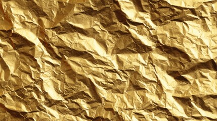 Poster - Crinkled golden foil displays an intricate texture that catches light beautifully, perfect for enhancing design projects, decorations, or artistic endeavors.
