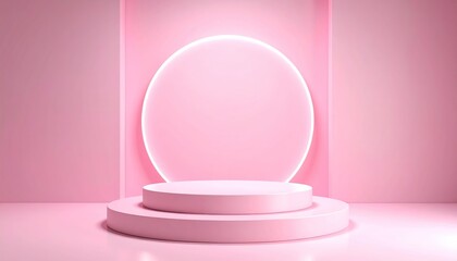 Poster - Pink Abstract Gradient Background With Glowing Platform Minimal Feminine Display Design With Neon Circle Light And Modern Presentation Stage