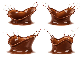 Poster - Four dynamic splashes of rich, dark chocolate liquid frozen in motion, isolated on a transparent background