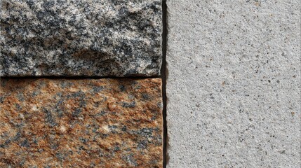 Poster - Different types of natural stones display unique textures and colors, with a close-up view revealing the intricacies of granite and limestone surfaces.