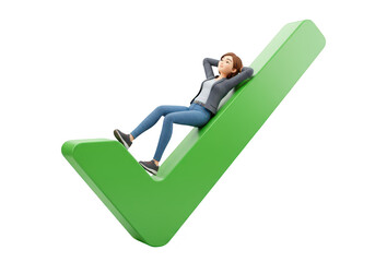 Poster - A woman relaxing on a large green checkmark, symbolizing success and completion isolated on transparent background