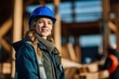 © AspctStyle - Smiling young female construction worker wearing a blue hard hat and safety vest standing confidently at a sunny outdoor job site, skilled trades and building industry