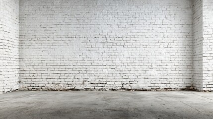 Aufkleber - An empty room features a white brick wall and a bare concrete floor, creating a minimalist industrial atmosphere. Soft light enhances the texture of the bricks.