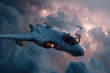 Poster - Spaceship soars through colorful interstellar clouds illuminated by distant stars and cosmic phenomena in vast outer space