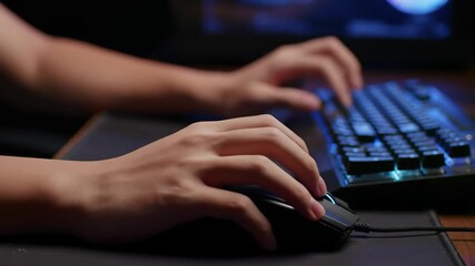 Focused Hands on Mouse and Keyboard in a Dimly Lit Gaming or Work Setup, Highlighting Concentration and Digital Interaction