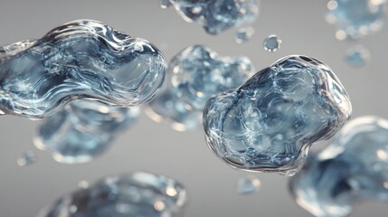 Poster - Floating transparent water droplets appear in a surreal composition against a light backdrop, showcasing reflections and fluid shapes, creating a calming effect.