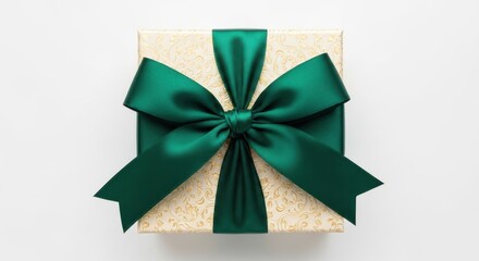 Wall Mural - Elegant green ribbon tied gift box isolated on white background