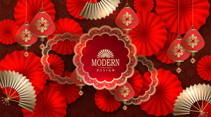Wall Mural - Chinese New Year. Exquisite illustration with golden fans and round frame with golden border.