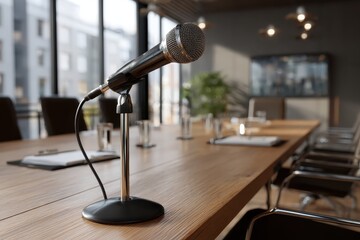 Poster - Microphone stand on modern meeting room table with glass windows and professional setting for conference discussions