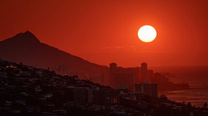 Wall Mural - A stunning sunset illuminates the sky in vibrant hues of orange and red, casting light on a city skyline and a nearby mountain. Waves gently lap at the shore.