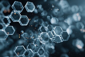 Poster - Futuristic abstract background showcases hexagonal structures representing technology and medical advancements in a dark, dynamic setting with subtle highlights