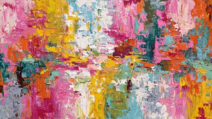 Poster - This piece features a lively composition of colors including pinks, yellows, and blues, creating an energetic atmosphere. The textured brushstrokes enhance its depth and movement.