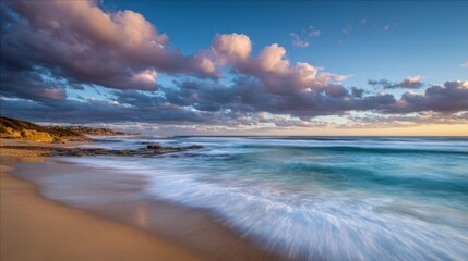 Wall Mural - Soft waves roll onto a tranquil beach as the sun sets, casting warm hues across the sky. Fluffy clouds add texture to the colorful horizon, creating a serene atmosphere.