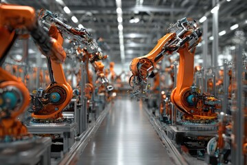 Poster - Industrial robots operate on assembly line in a modern factory during daylight hours to enhance production efficiency and precision in manufacturing processes