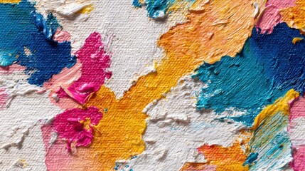 Poster - This artwork features a lively mix of pink, orange, blue, and white paint applied with thick textures, showcasing an energetic abstract composition. It invites viewers to appreciate creativity.