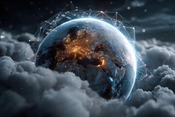 Poster - Global digital network connecting nations through the Internet showcasing illuminated regions of Earth amid a clouded atmosphere at night