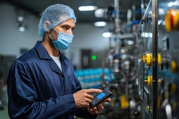 Poster - Technologist conducts monitoring and data analysis in protective uniform within high-tech facility environment