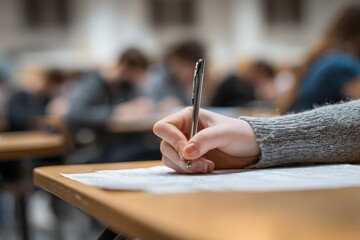 Poster - Close up of student hand writing notes during classroom activity in university lecture hall filled with peers engaged in academic work