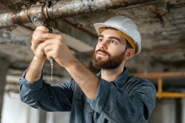 Aufkleber - Worker repairs leaking pipe on ceiling in construction site during day, demonstrating skilled maintenance and attention to detail