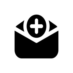 Poster - Black and white graphic of an open envelope with a plus sign inside a circle on top of the envelope icon