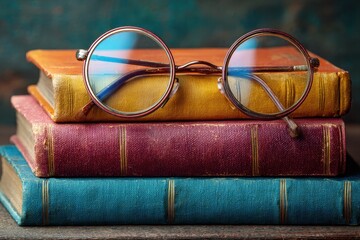 Poster - Glasses resting on a stack of colorful vintage books creating a cozy and inviting reading atmosphere for book lovers in a tranquil setting