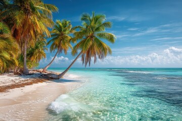 Wall Mural - Escape to a serene tropical Caribbean beach adorned with vibrant palm trees and crystal-clear waters under a bright blue sky