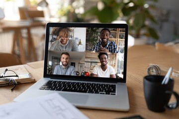 Aufkleber - Group of individuals discussing project online in a relaxing environment using a laptop during a video call with a cozy atmosphere
