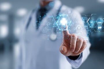 Poster - Doctor utilizes advanced AI technology to enhance medical diagnosis and treatment efficiency in a modern healthcare environment