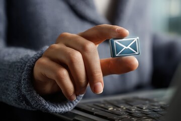 Poster - User interacts with email icon symbol while preparing marketing newsletter for digital communication and outreach