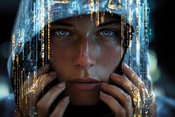 Aufkleber - Cybersecurity art featuring intense hacker alerts with digital overlays and deep focus on the subject's expressive features in a darkened environment