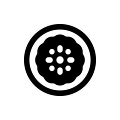 Poster - Illustration of a black circular graphic with a scalloped edge and dot pattern in the center design element