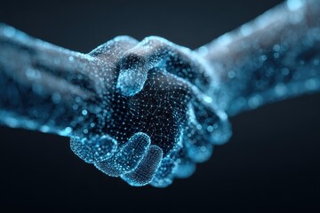 Poster - Digital handshake symbolizes partnership and collaboration in a futuristic virtual environment with a mesh of glowing connections