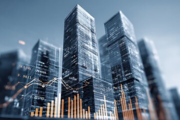 Poster - Skyscrapers reflect modern economy with analytic charts highlighting financial trends and market data in an urban setting